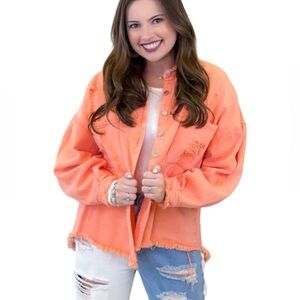 Coral Peach Oversized Distressed Frayed Denim Colored Cotton Shacket Small